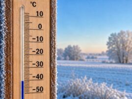 Oszroniony termometr wskazujący około -41°C podczas rekordowego mrozu w Polsce
