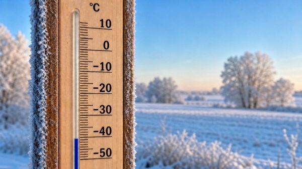 Oszroniony termometr wskazujący około -41°C podczas rekordowego mrozu w Polsce