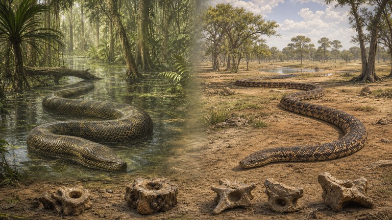 Wizualizacja Titanoboa i Vasuki, największych wymarłych węży znanych ze skamieniałości