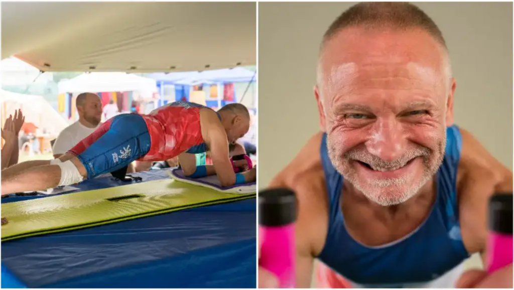 Josef Šálek w pozycji deski i uśmiechnięty rekordzista w zbliżeniu
